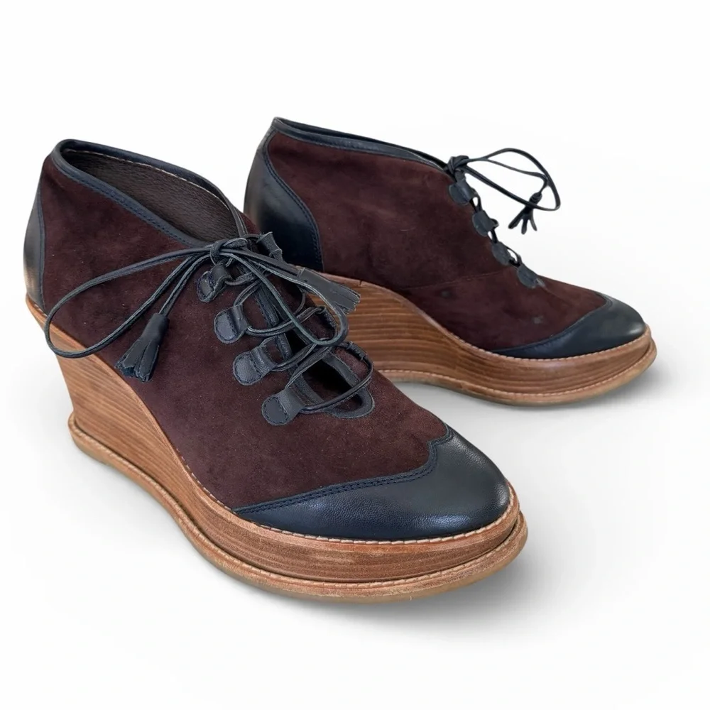 Comptoir des Cotonniers Navy Leather Brown Suede Fringe Lace Up Ankle Boots